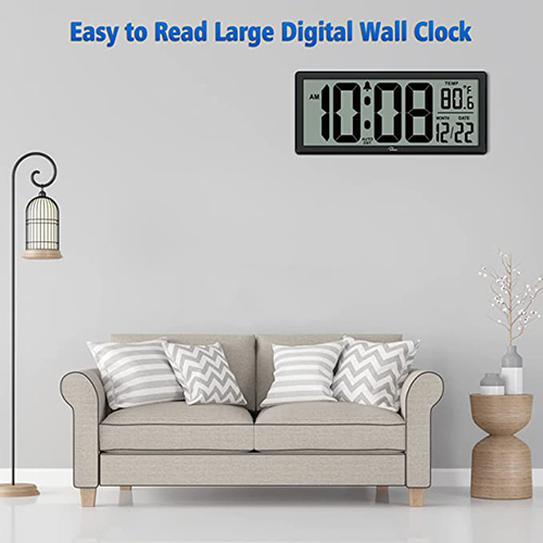 WallarGe Auto Set Digital Wall Clock Battery Operated, Desk Clocks with Temperature, Humidity and Date, Large Display Digital Calendar Alarm Clock