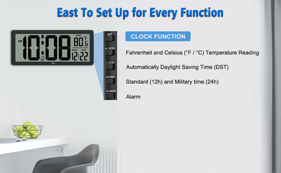 WallarGe Auto Set Digital Wall Clock Battery Operated, Desk Clocks with Temperature, Humidity and Date, Large Display Digital Calendar Alarm Clock